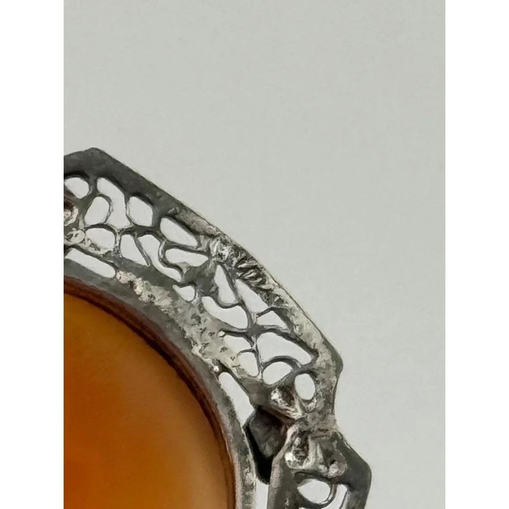 Vintage‎ Art Deco Sterling Silver Filigree Marcasite Carved Shell Cameo Pendant